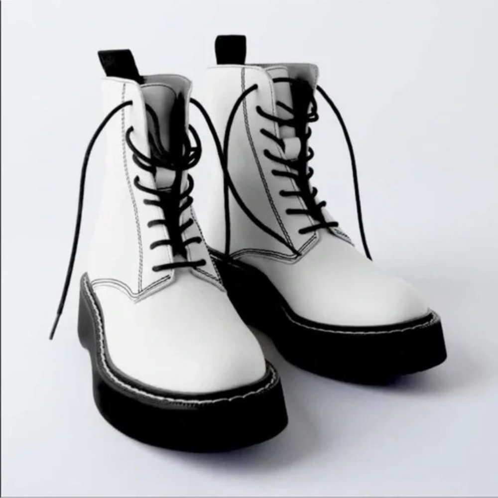 ZARA Leather White Combat Boots Platform Sole, Sz 37/6.5 - Blogger Fav